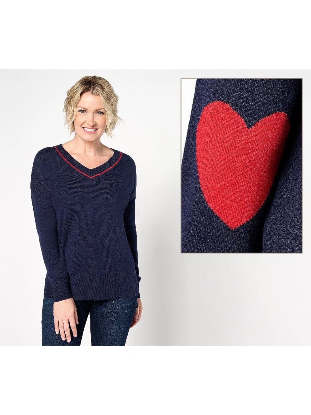 Studio Park x Amy Stran Sweater Size 2X Galentines V Neck Heart Sleeve Navy Red